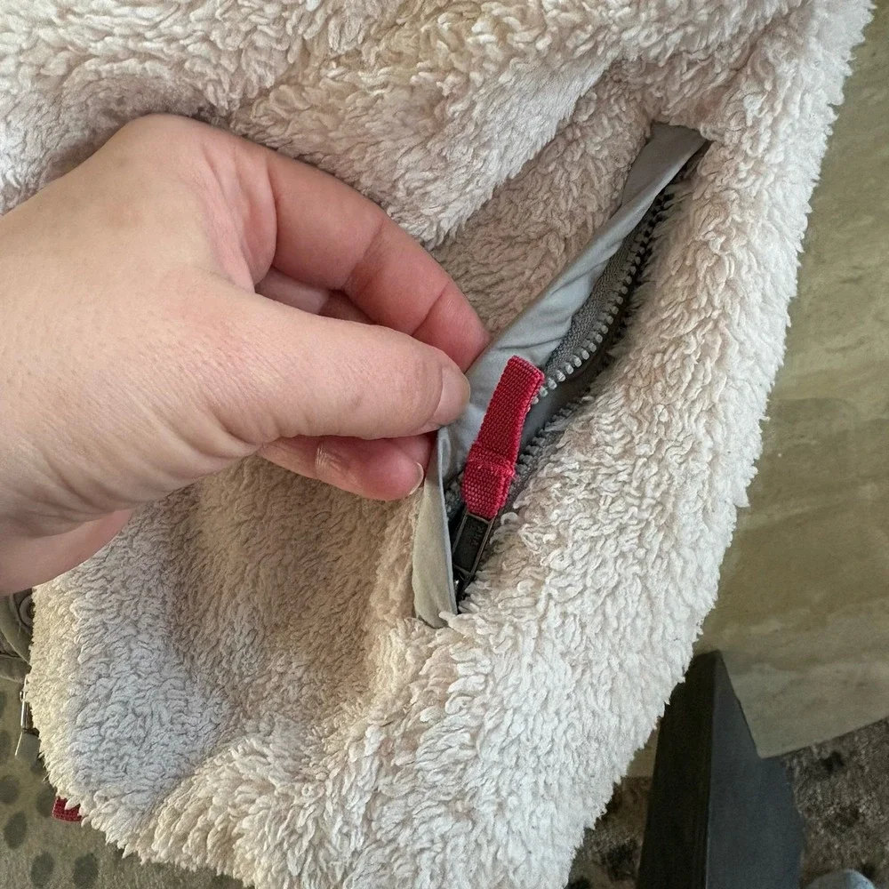 Patagonia Ready Freddy 2in1 Reversible Hooded Gray‎ Cream Fleece Jacket SzS